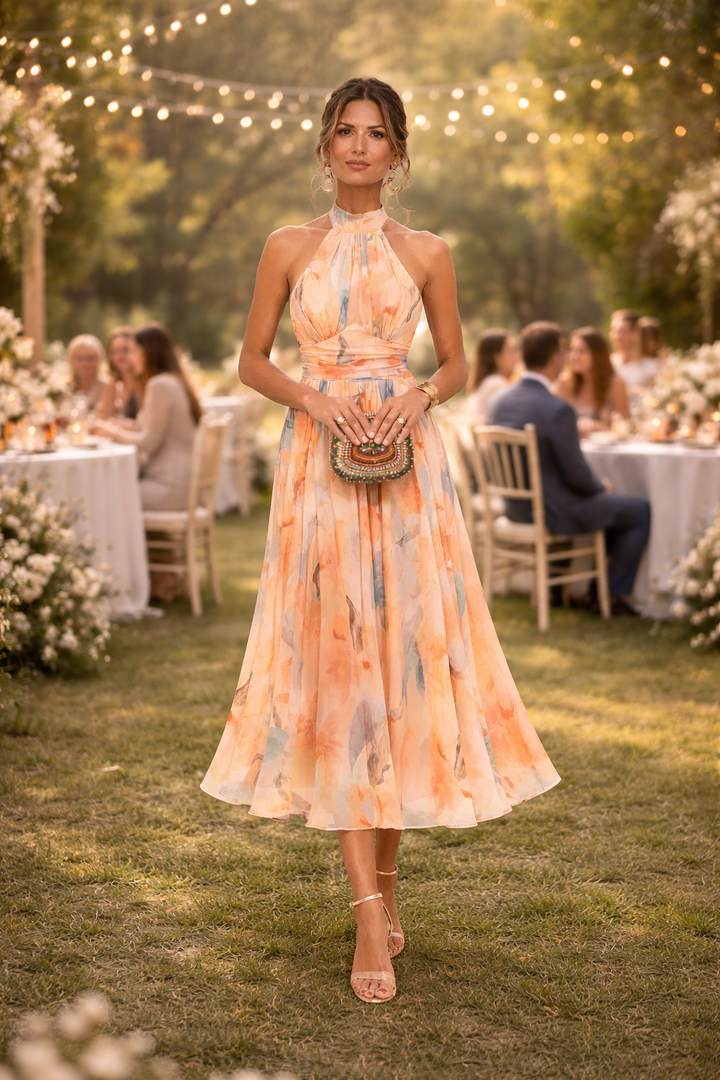 ESTHER - Elegante Abito con Collo Halter e Stampa Acquerello