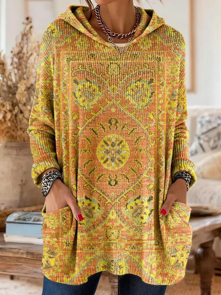 Maya | Retro Ethnic Print Hooded Knit Tunic with Pockets