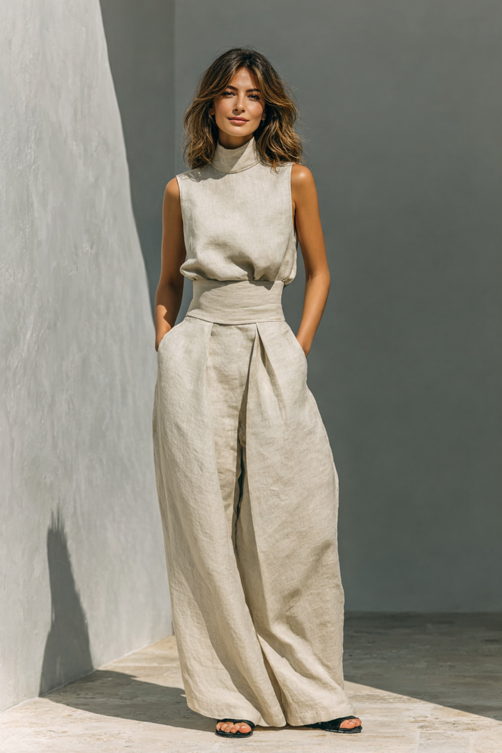 Maria - Minimalist Cotton and Linen Tank Top and Wide Leg Pants Set for Women