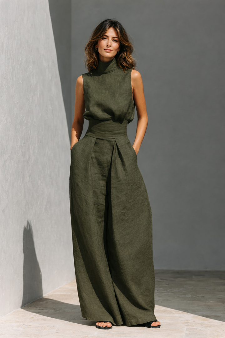 Maria - Minimalist Cotton and Linen Tank Top and Wide Leg Pants Set for Women