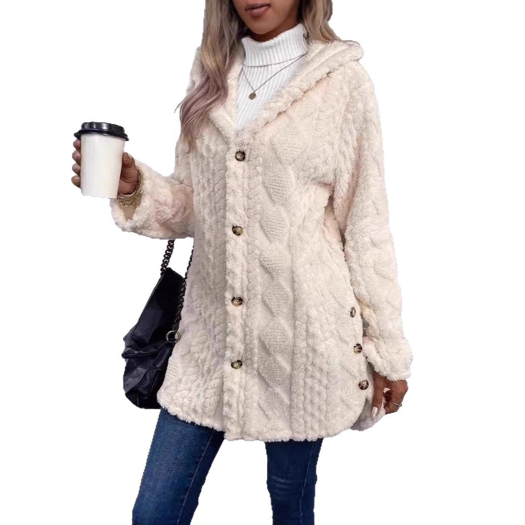 Fuzzy Fleece Button Down Jacket Hooded Open Front Cardigan Sweater