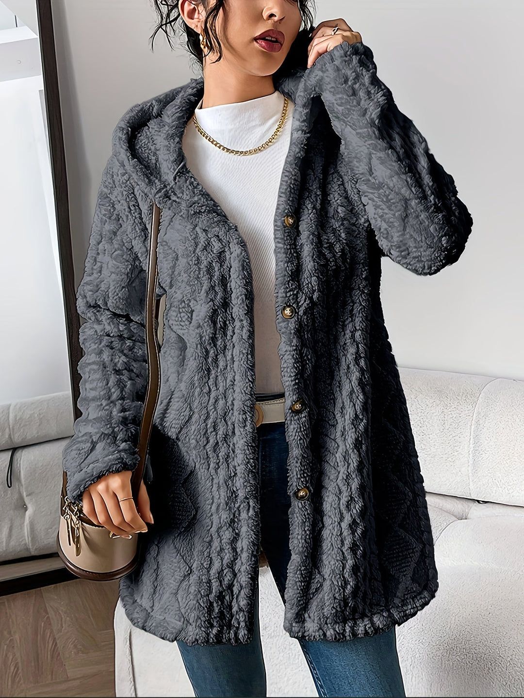 Fuzzy Fleece Button Down Jacket Hooded Open Front Cardigan Sweater