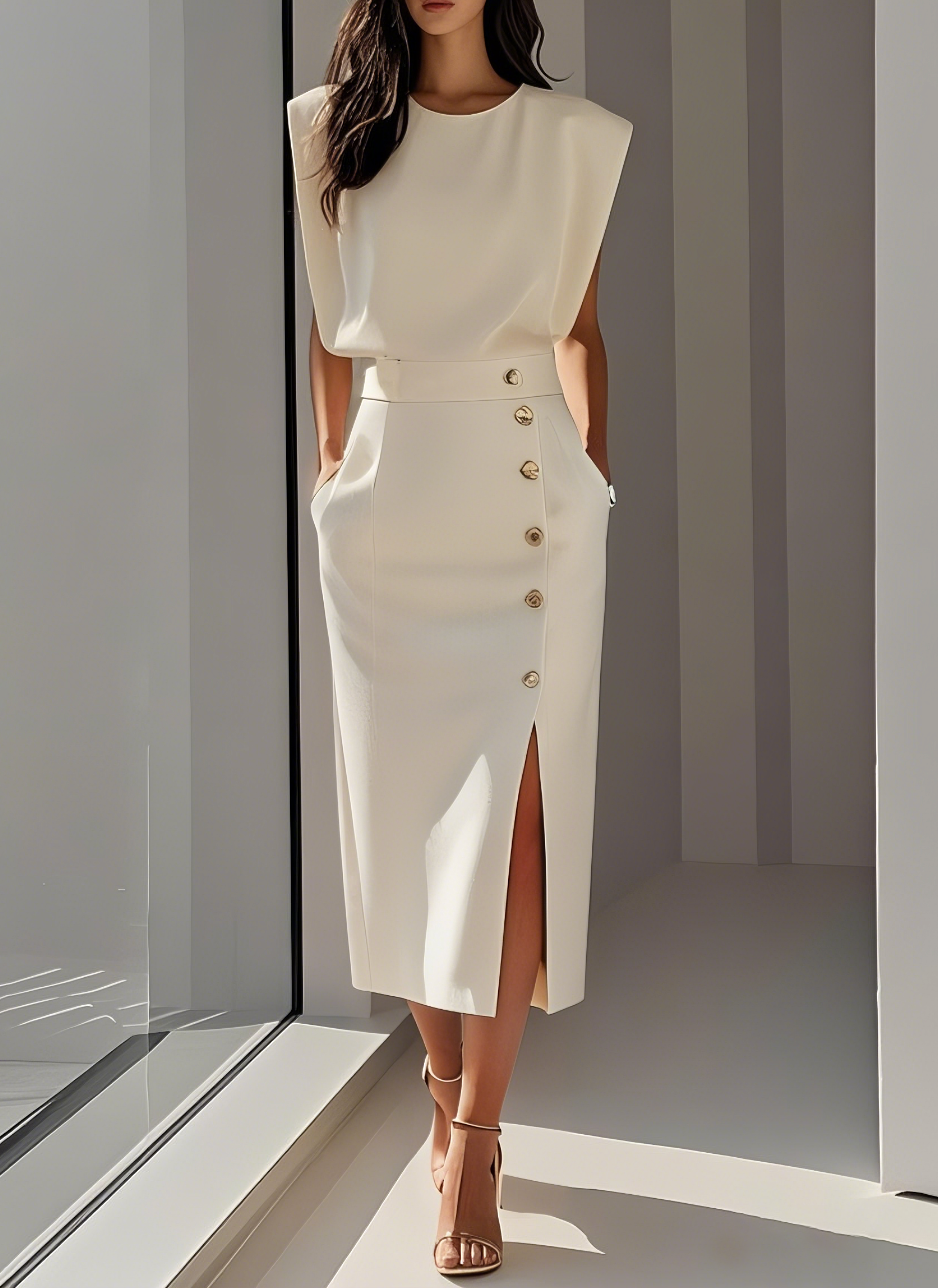 Sophie - Elegante Abito midi aderente con bottoni dorati