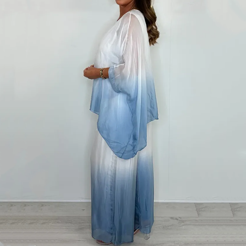 Kyra | Zestaw Dip Dye: zwiewny top i szerokie spodnie styl casual i elegancki