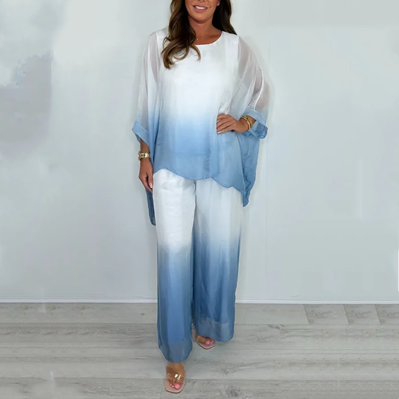 Kyra | Zestaw Dip Dye: zwiewny top i szerokie spodnie styl casual i elegancki