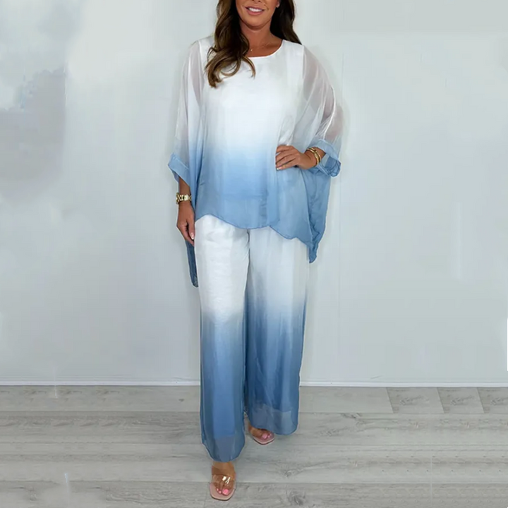 Kyra | Zestaw Dip Dye: zwiewny top i szerokie spodnie styl casual i elegancki