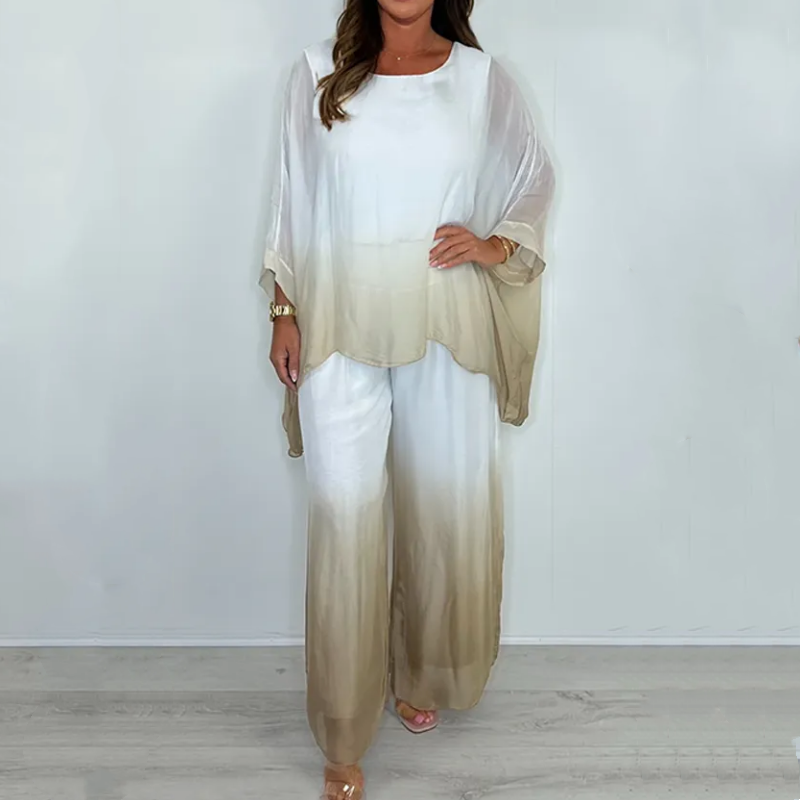 Kyra | Zestaw Dip Dye: zwiewny top i szerokie spodnie styl casual i elegancki
