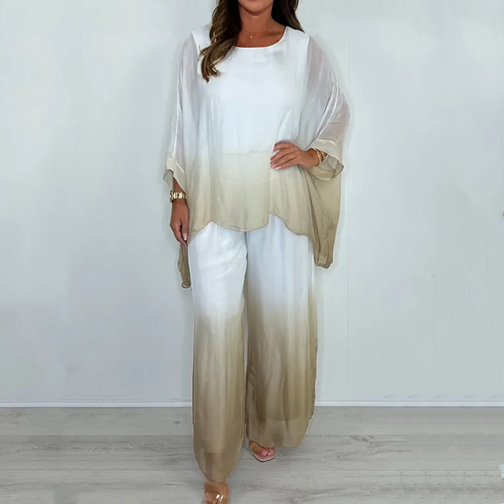 Kyra | Zestaw Dip Dye: zwiewny top i szerokie spodnie styl casual i elegancki