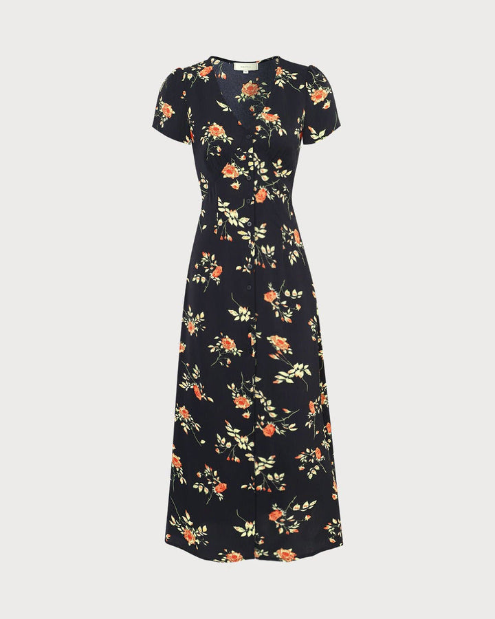 Maxi Abito Nero con Scollo a V e Maniche Corte