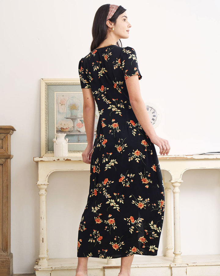 Maxi Abito Nero con Scollo a V e Maniche Corte