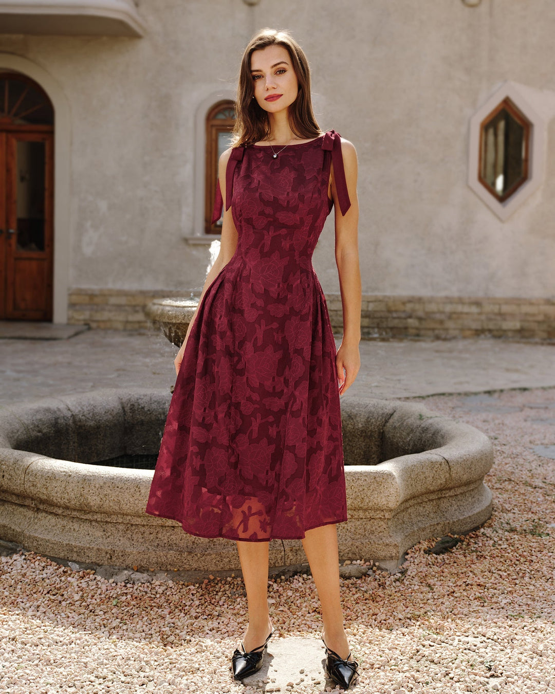 Abito Midi in Chiffon Jacquard Rosso Vivo